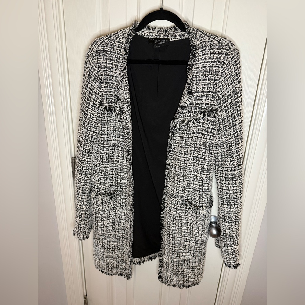 Laundry by Shelli Segal Black/cream boucle long cardigan Medium